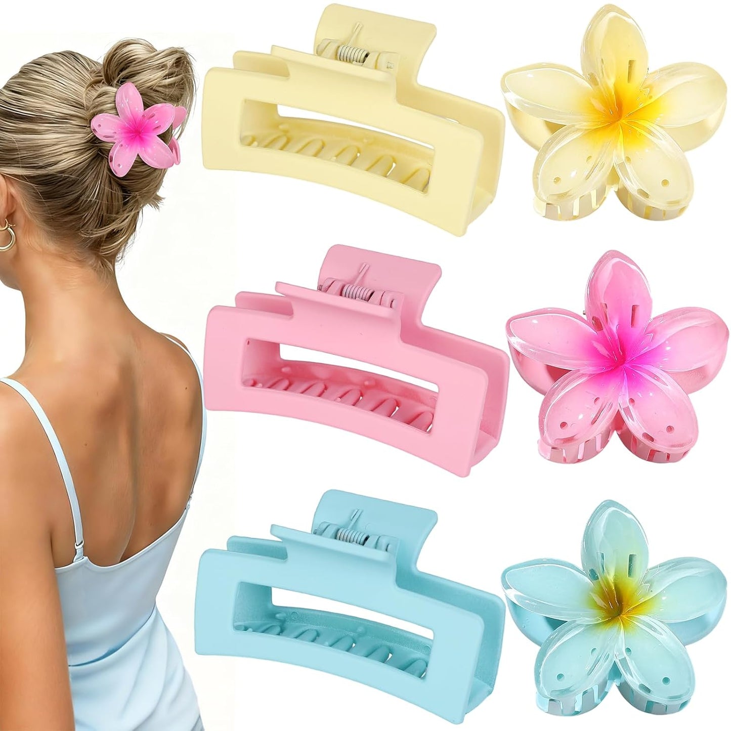 Flower Hair Clips - Square Claw Clips for Thick or Thin Hair | 6 PCS Hawaiian Hibiscus & Plumeria Styles (Pink)