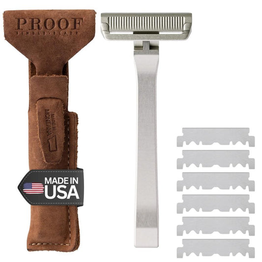 Proof Benchmark 1.0 Single Blade Razor for Men, Machined Aluminum Metal, Made in USA Single Edge Safety Razor with Pivoting Head & Magnetic Cap for Easy Blade Replacement, Includes Leather Case