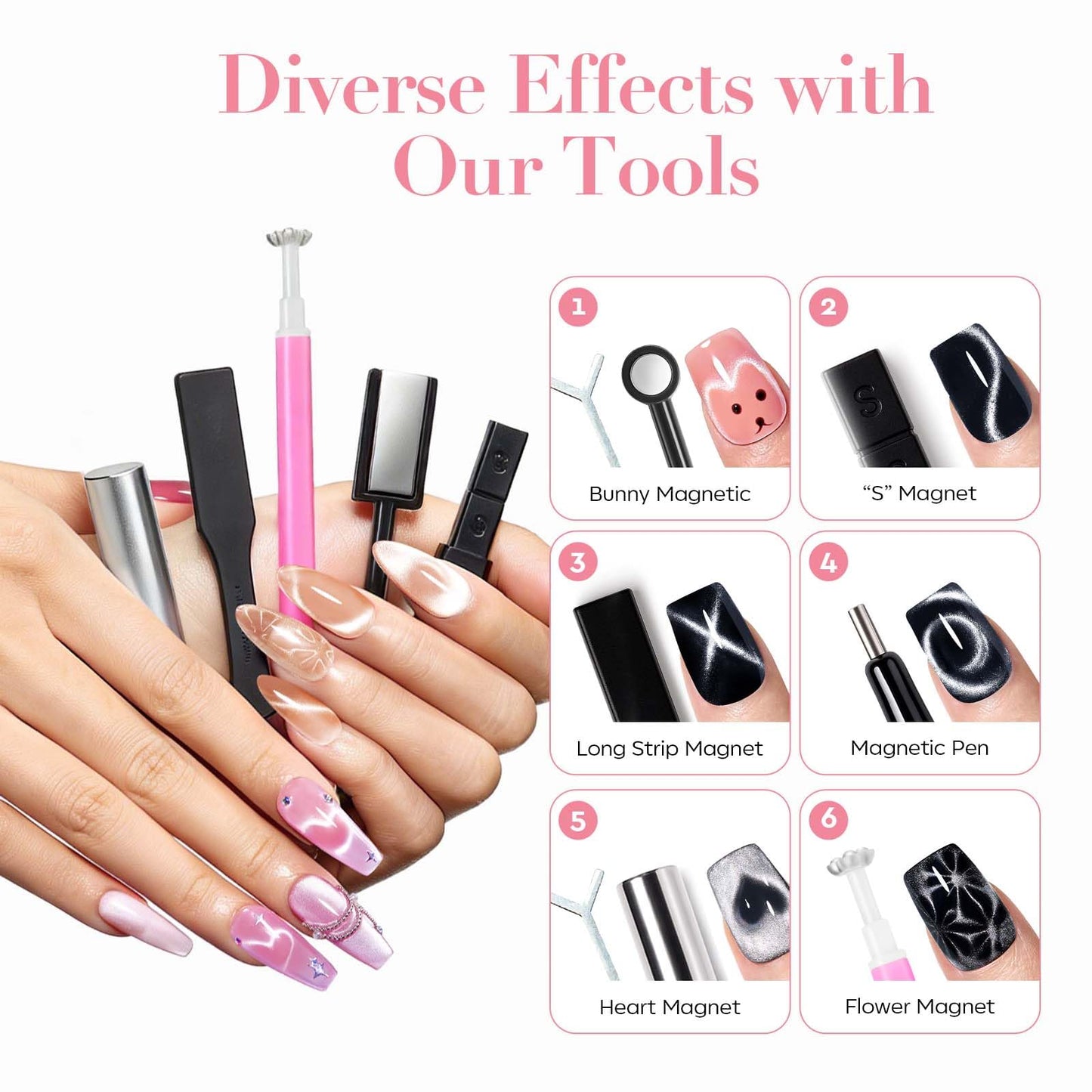 AzureBeauty Cat Eye Magnet Nail Art Tools-14PCS Powerful Cateye Gel Nail Polish Magnet Tools -Heart/French /Black Hole Magnet Sticks, DIY Glassy Cateye Nail Art Effects