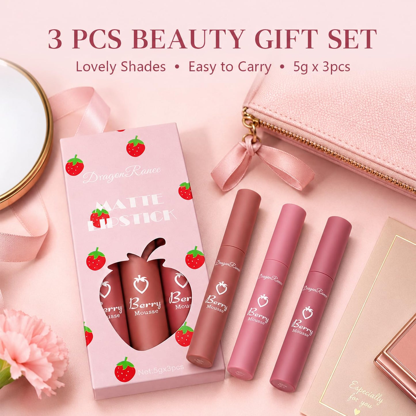 Sulily 3Pcs Velvet Red Matte Lipstick Set, Dark Red Color Nude Lip Stain Long Lasting, 24 Hours Lip Stick Wear Non-Stick Cup Not Fade Waterproof Lip Gloss Makeup, Beauty Cosmetics Day Gifts for Women