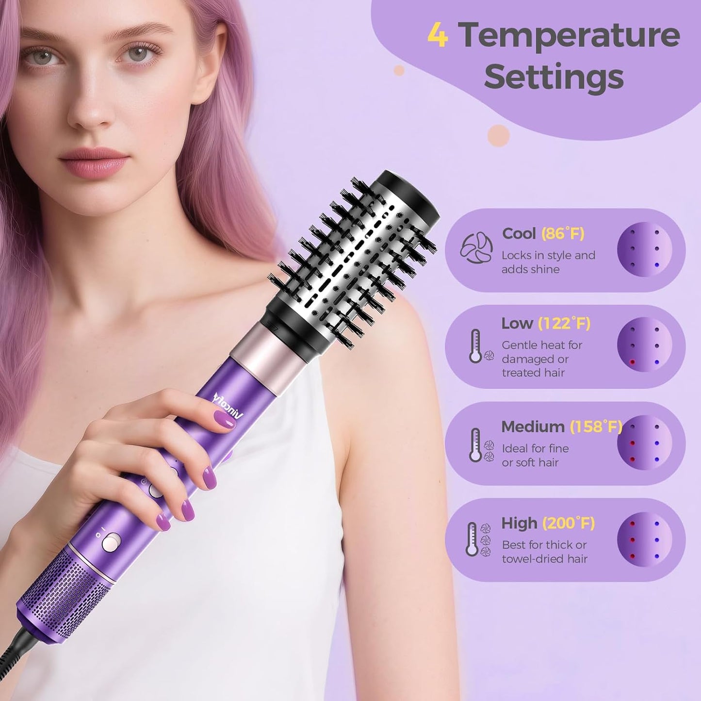 Vincofy 7-In-1 Blow Dryer Brush Set | Ionic Hot Air Styler for Fast Drying, Curling & Straightening - 1500W Power, Purple