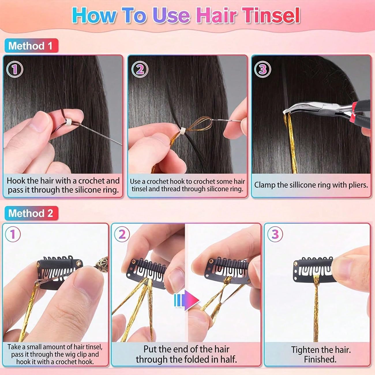 Hair Tinsel Kit, 30 Colors 48 Inch Glitter Tinsel Hair Extensions for Girls, 9000 Strands Sparkling Heat Resistant Fairy Hair Tinsel for Fourth of July Christmas Party Carnival Festival