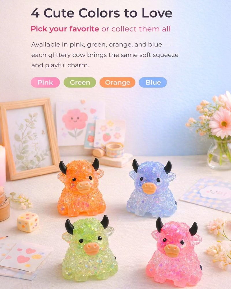 Glitter Highland Cow Squishies Fidget Toy, Soft Slow Rising Stress Relief Ball, Cute Sensory Squeeze Toy for Adults & Kids, Anxiety Relief Desk Decor, Easter Basket Stuffer for Cow Lovers (Blue)