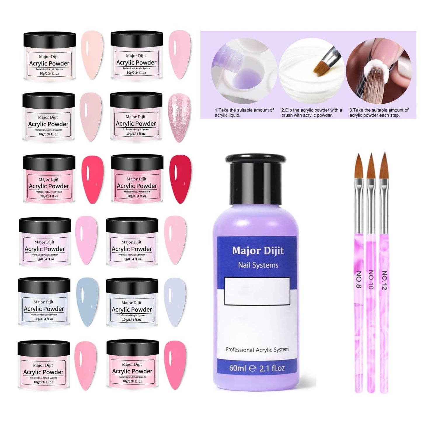 Acrylic Nail Kit for Beginners - Complete Drill Set with 12 Color Acrylic Powders | Home Salon Tools