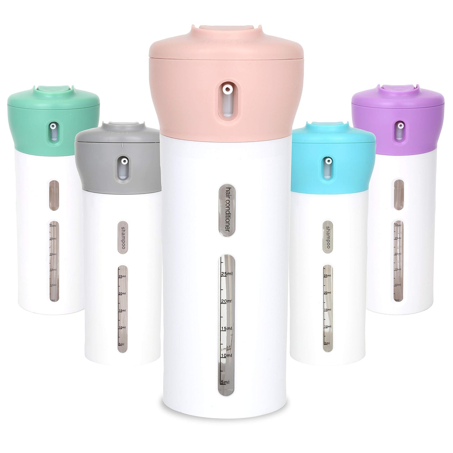 Travigo 4-in-1 Travel Dispenser Bottle, TSA Approved, Leak Proof, Four Reusable 1.4 oz. (40 mL) Toiletry Containers for Shampoo, Conditioner, Soap, Lotion, Skincare (Pink)