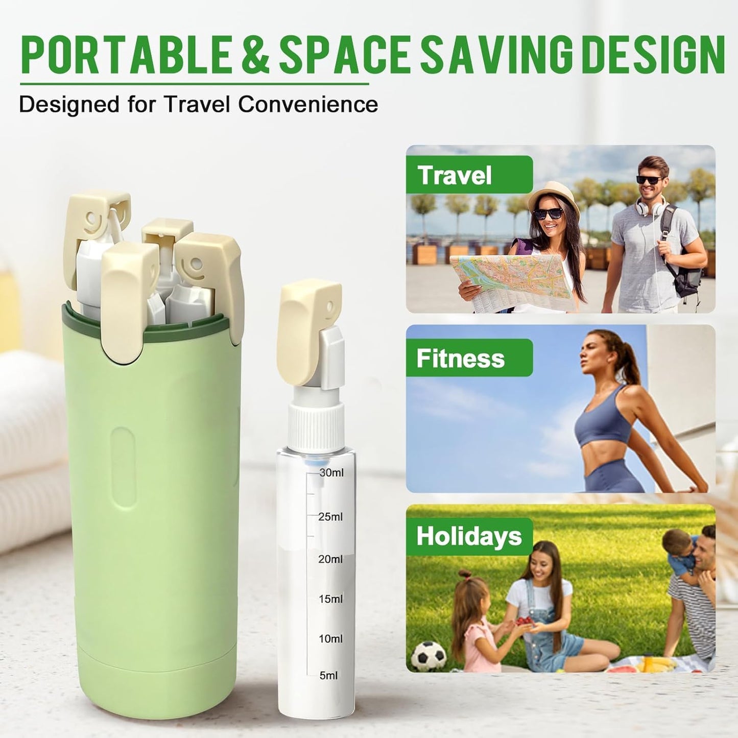 NFOVSMO 4 in 1 Travel Dispenser,4 Pack 30ML Travel Bottles for Toiletries,Refillable, Leak Proof and Portable,Suitable for Storing Shampoo, Shower Gel, Suitable for Travel, Camping (Green)