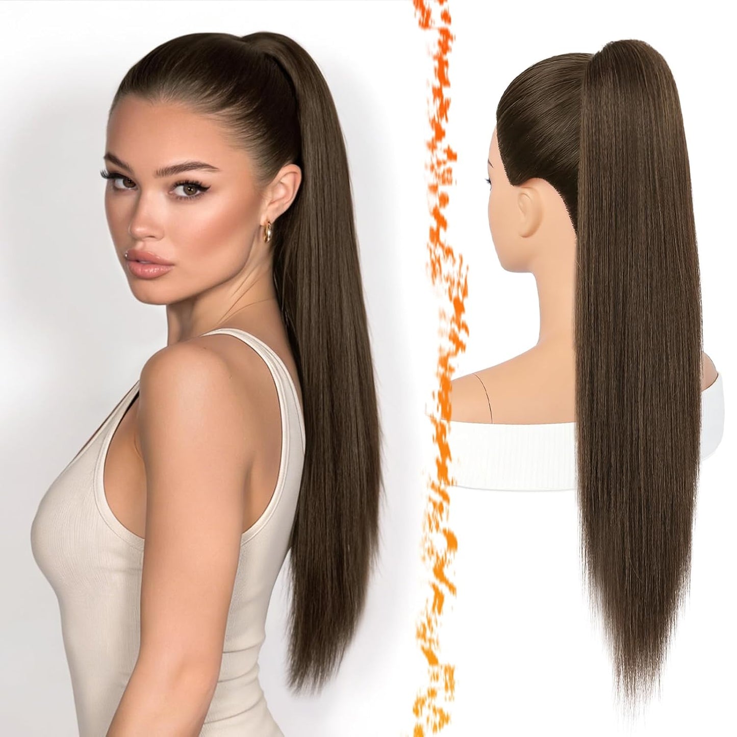 Brown Straight Drawstring Ponytail Extension - 28 Inch Natural-Looking Soft Synthetic Hairpiece | Fluffy & Stylish for Daily Wear