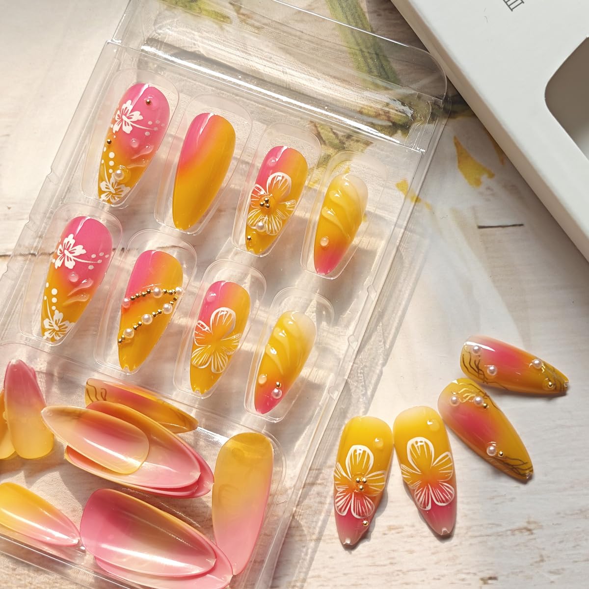 24Pcs Almond Press-On Nails - 3D Floral Design with Gold Pearl Rhinestones | Orange Full Cover Acrylic Nails for Spring & Summer