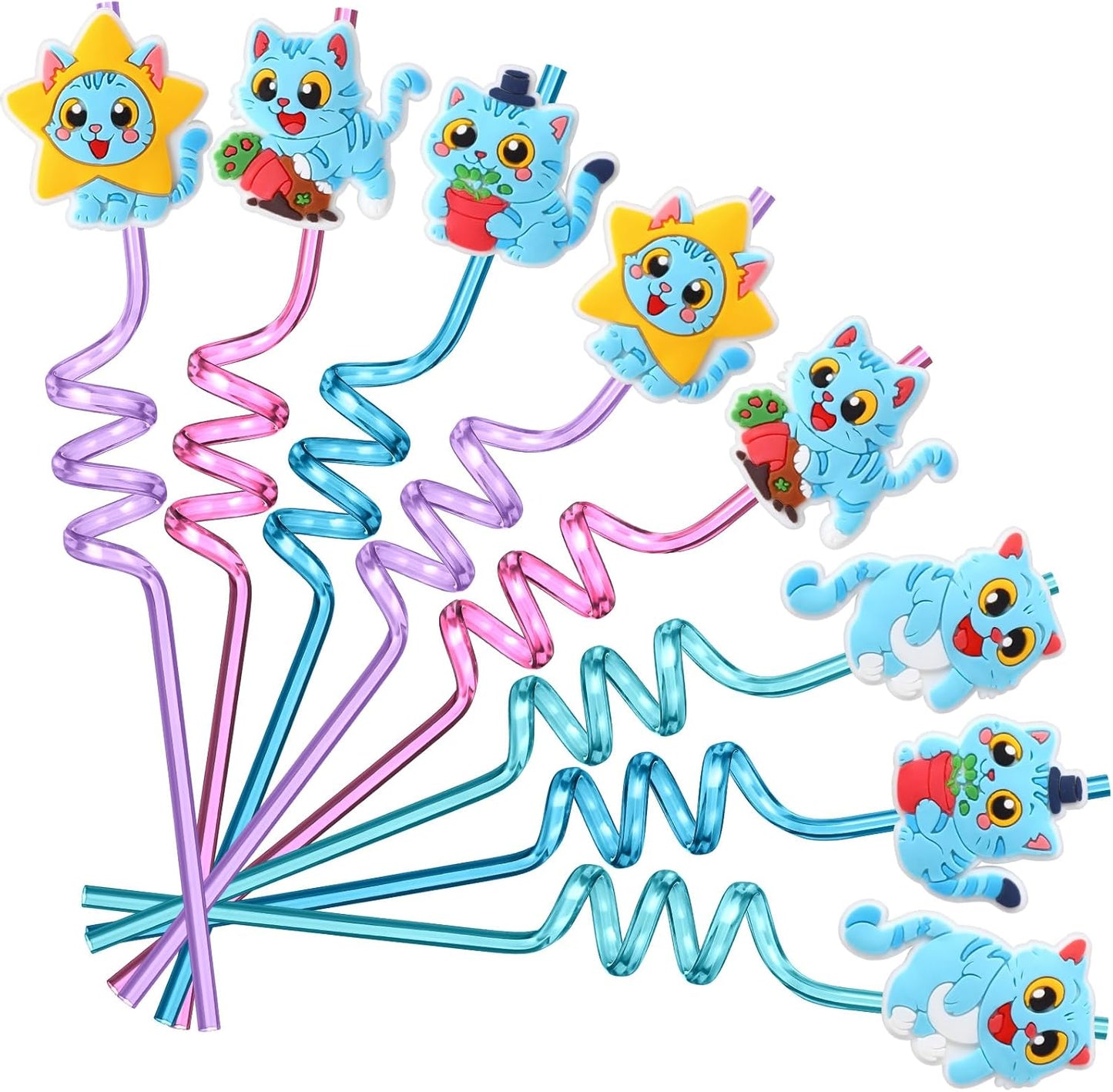 Kpop Party Straws - 24 Pack Blue Cat Toppers for Anime Birthday Parties | Fun Fan Meeting Gifts