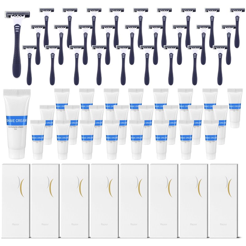 Hushee Shave Kit Bulk Travel Shaving Cream Disposable Twin Blade Razors and Cream Individually Wrapped Smooth Razor with Clear Cap Toiletries for Hotel Shelter Camping Travel Homeless (100 Pack)