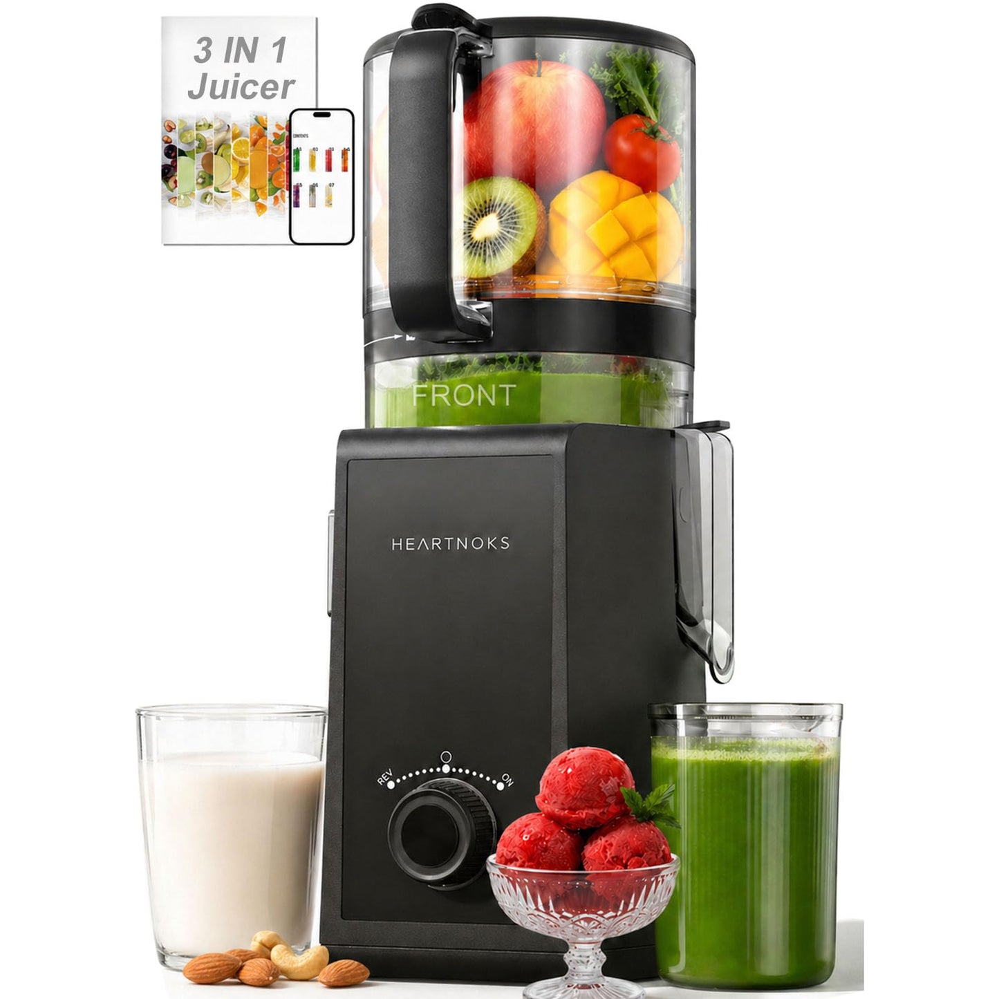 Heartnoks Juicer Machines, 6.5" Extra-Wide Feed Chute Cold Press Juicer for Whole Fruits, Easy to Clean 3-in-1 Juice, Sorbet & Nut Milk Maker, 300W Masticating Juicer for Home & Gifting