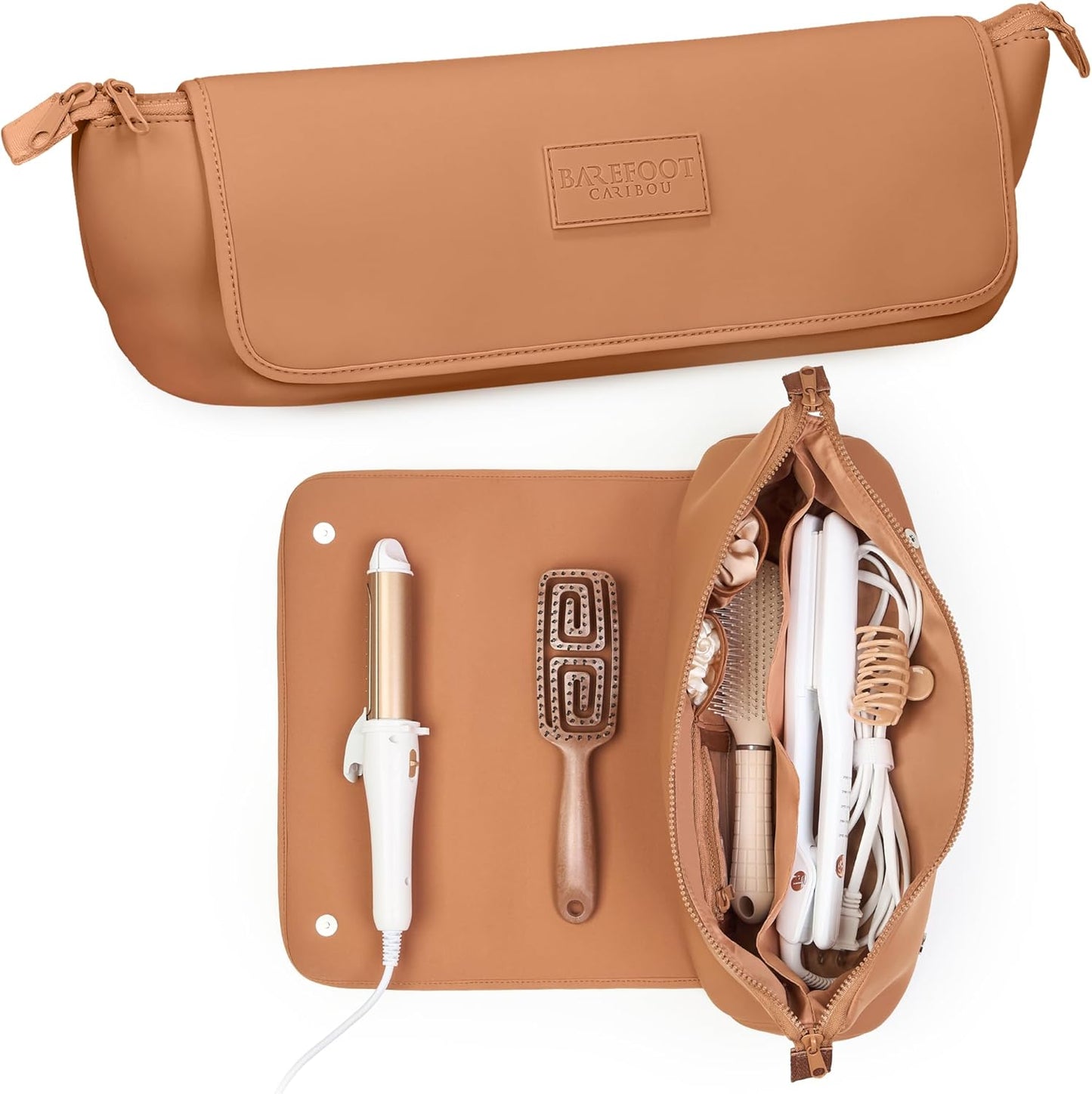 BAREFOOT CARIBOU Travel Hair Tools Bag & Heat Resistant Mat - 2-in-1 Organizer for Flat Irons & Curling Irons (Black)