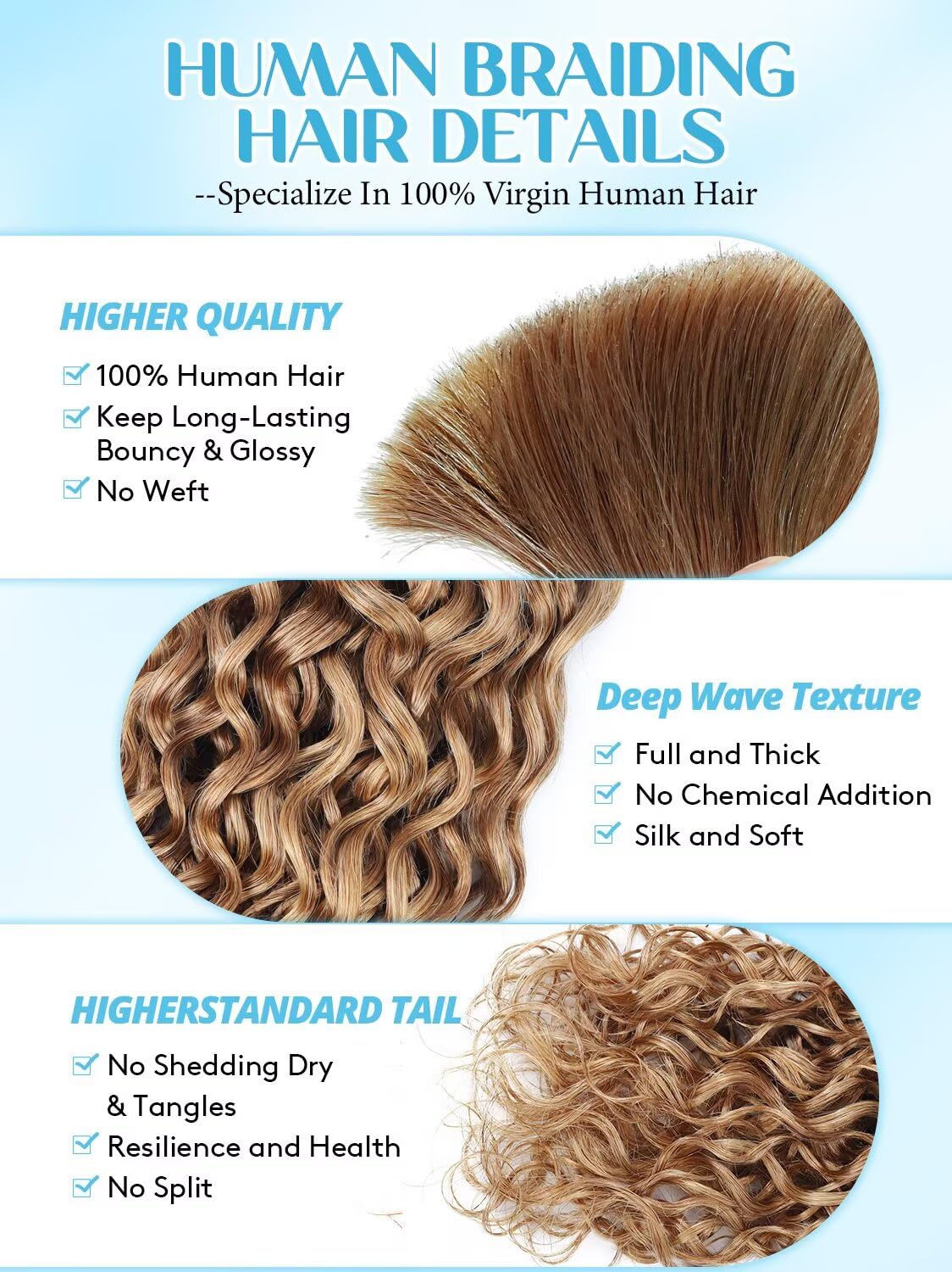 100% Unprocessed Human Hair - #27 Honey Blonde Curly Braiding Hair Extensions | 16 Inch, 150g, 3 Bundles