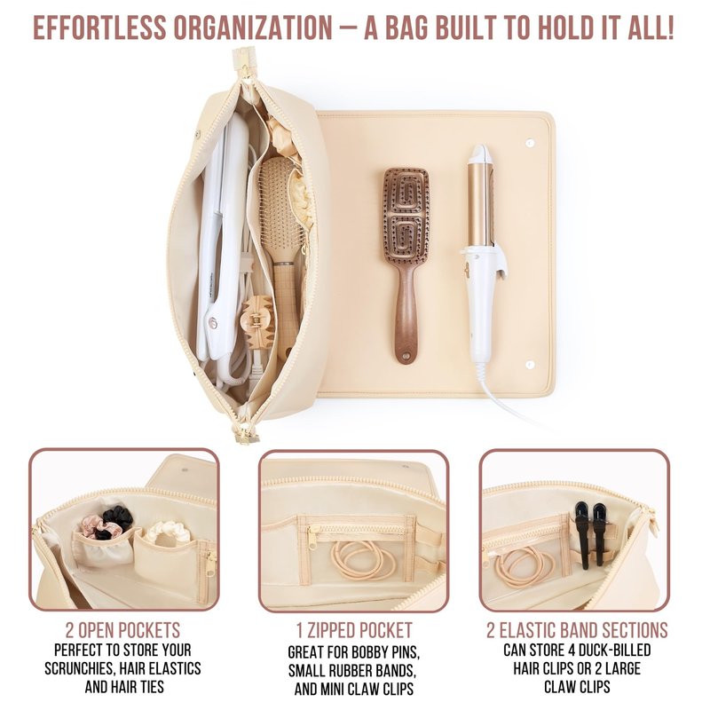BAREFOOT CARIBOU Hair Tools Travel Bag and Heat Resistant Mat (15.5") for Flat Irons, Straighteners, Curling Iron, and Haircare Accessories, 2-in-1 design, Interior Pockets, Portable Organizer (Ivory)