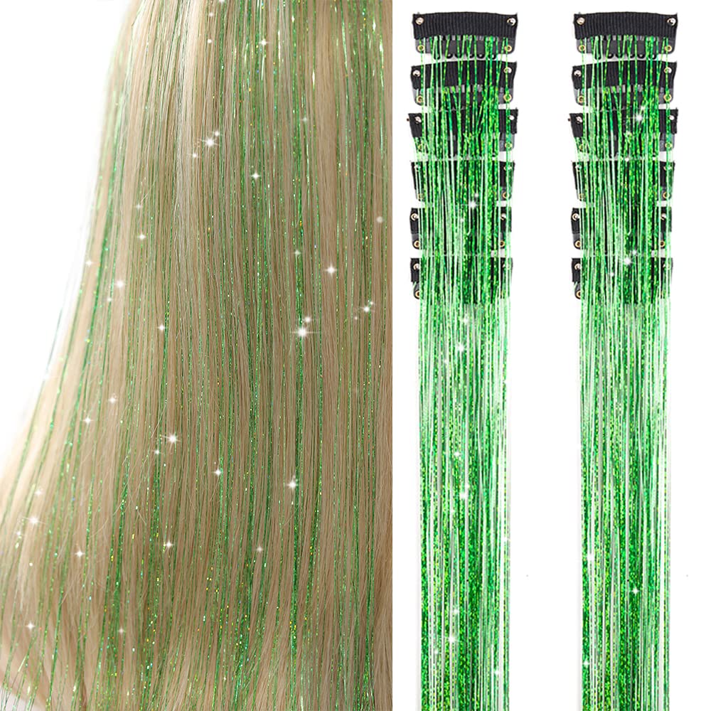 Clip In Hair Tinsel Extensions - 20 Inch Glitter Strands for Festivals | 12 Pcs Black Dazzle Kit for Women & Girls