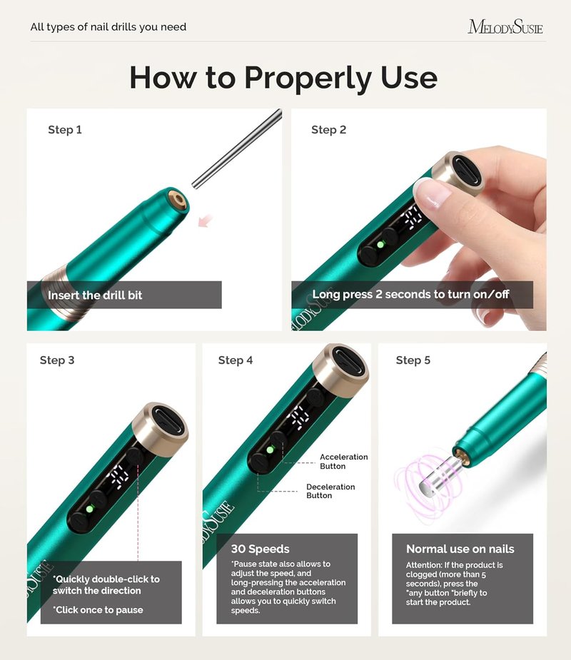 MelodySusie Ultra-Slim Cordless Nail Drill - 30000RPM Portable Electric File with LED Display for Manicure & Gel Removal