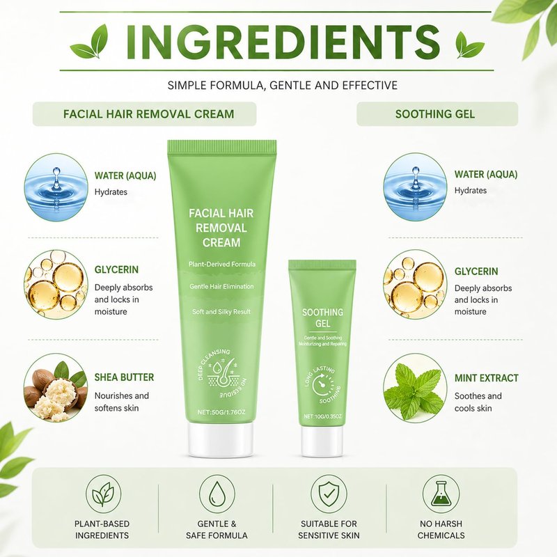 Facial Hair Removal Cream for Women - (Contains Soothing Gel) Kit Gentle & Painless Hair Remover for Upper Lip Chin & Sideburns, 5-8Minute Quick Depilatory Cream for Sensitive Skin Effective at-Home
