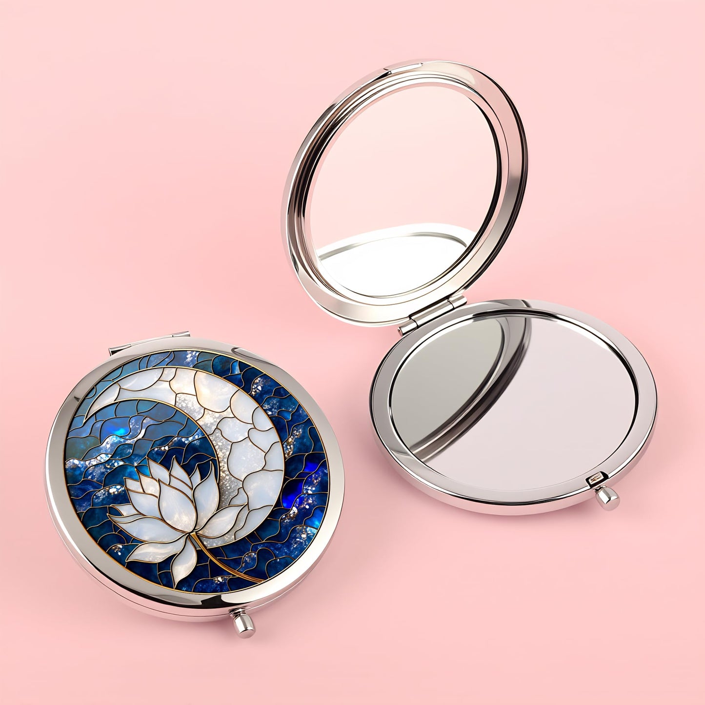 Silver Compact Mirror, 2.8x2.8inch Double-Sided Folding Makeup Mirror with Moon Lotus Stained Design, Ideal Gift for Women