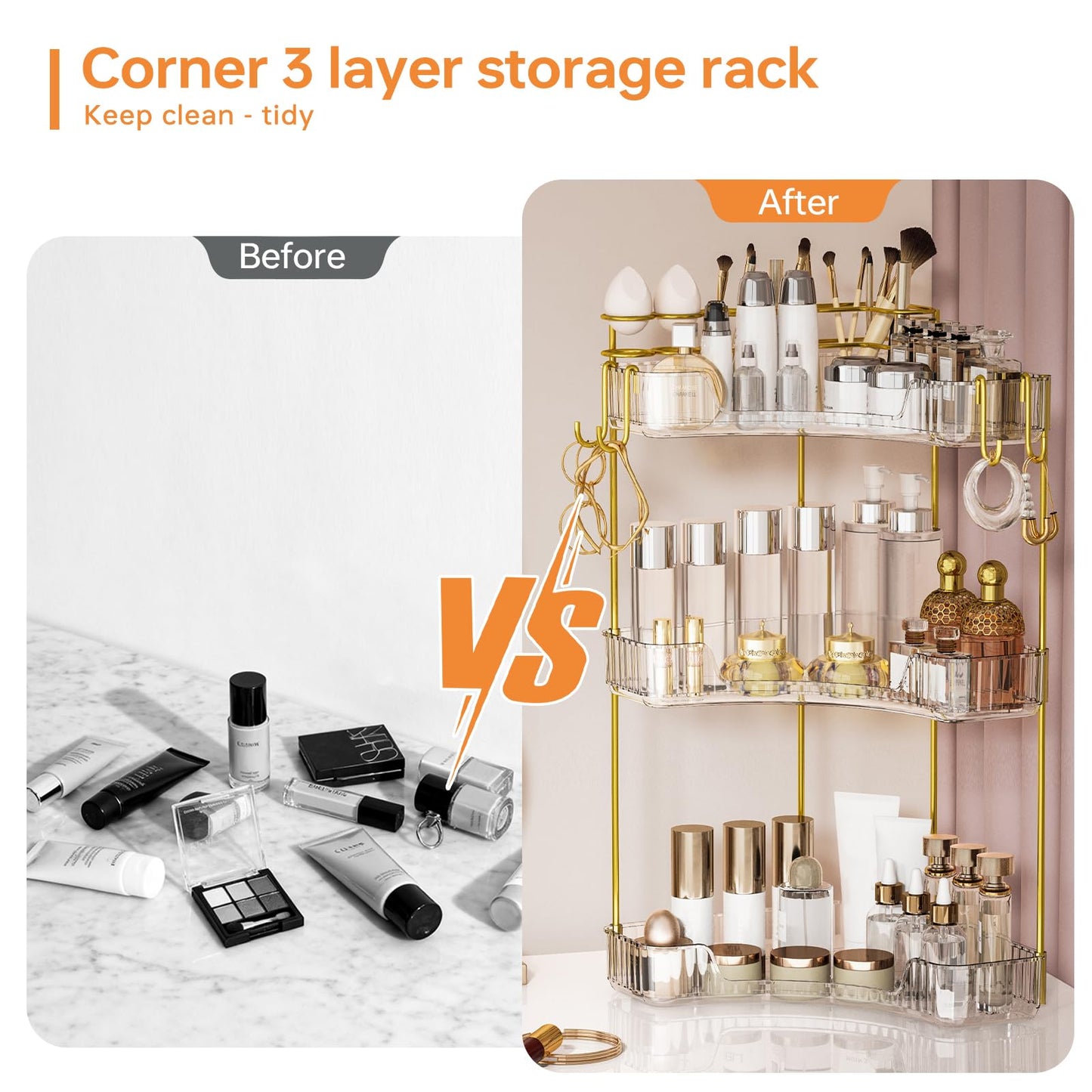 Greenby 3-Tier Corner Bathroom Counter Organizer，Makeup & Skincare Shelf with Built-in Brush Holder，Space-Saving Bathroom Countertop Organizer for Skincare, Perfume, Cosmetics(Clear)