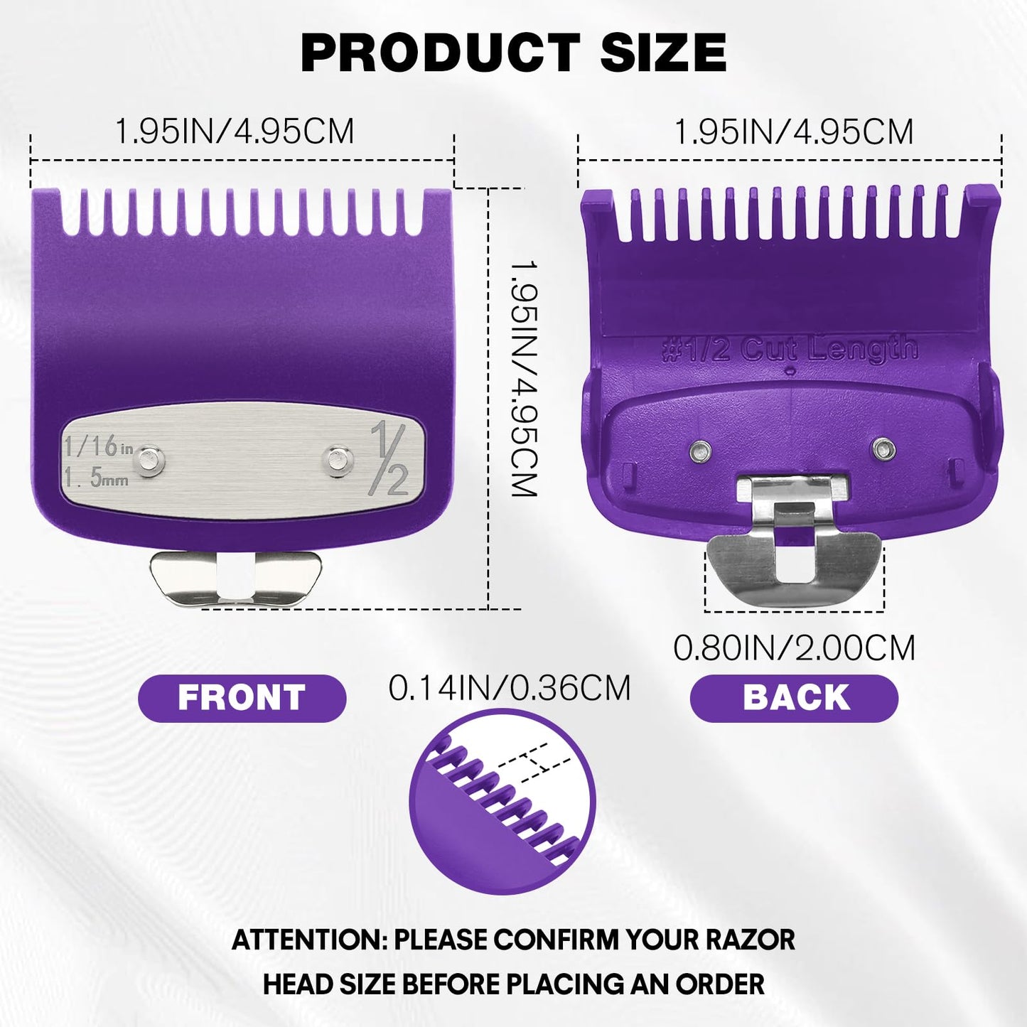 2 Pack Clipper Guards Set, Compatible with wahl 1/2 clipper guards, Guide Comb Attachment 1/16" 1.5mm Metal Hair Clipper Guards Set Replacement and Trimmer accessories, for Barbers and Stylists,Purple