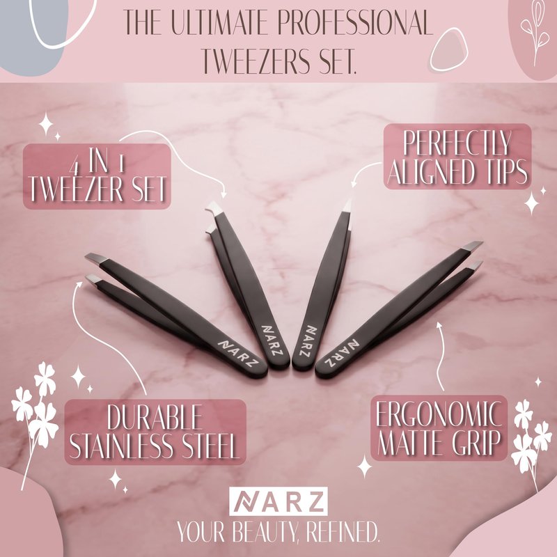NARZ 4Pcs Professional Tweezers for Women Facial Hair Stainless Steel Precision Tweezers for Ingrown Hair Eyebrow Tweezer for Men & Women (Black Set)