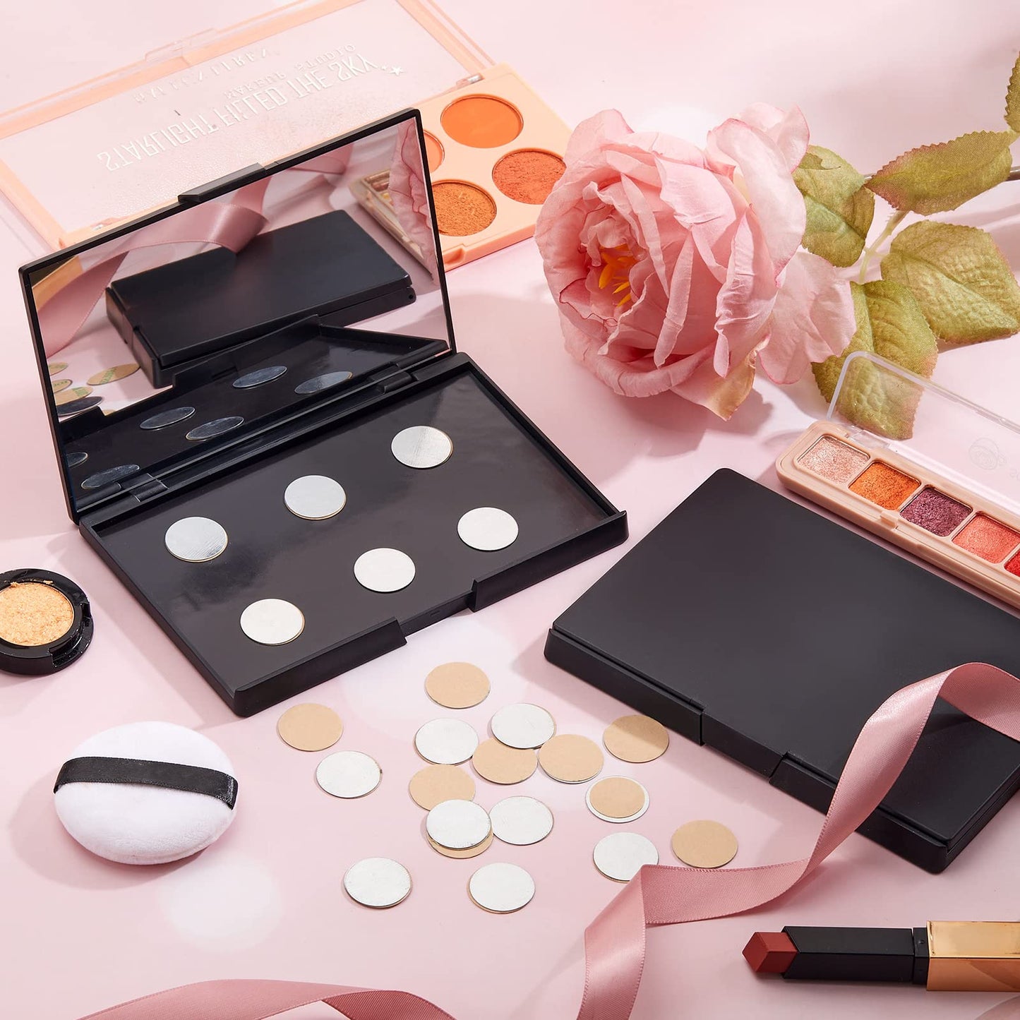 2 Pcs Makeup Plastic Magnetic Palette Magnetic Eyeshadow Empty Cream Blush Palette with Mirror and 30 Round Adhesive Metal Stickers for Eyeshadow Lipstick Blush Powder Foundation, Black