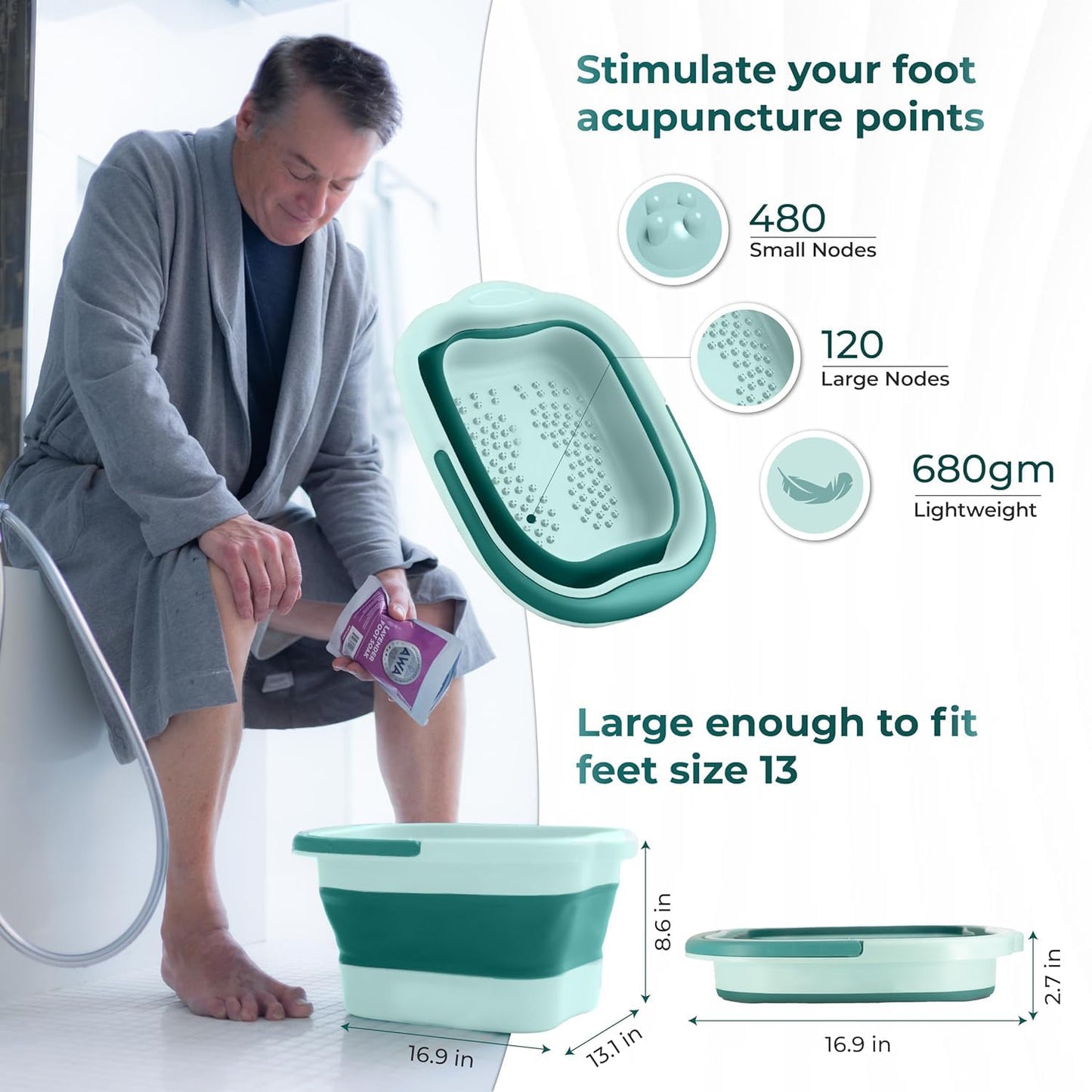 Collapsible Foot Bath Basin - Soaking Tub with Massage Acupoint for Pain Relief | Green Plastic Foot Bucket