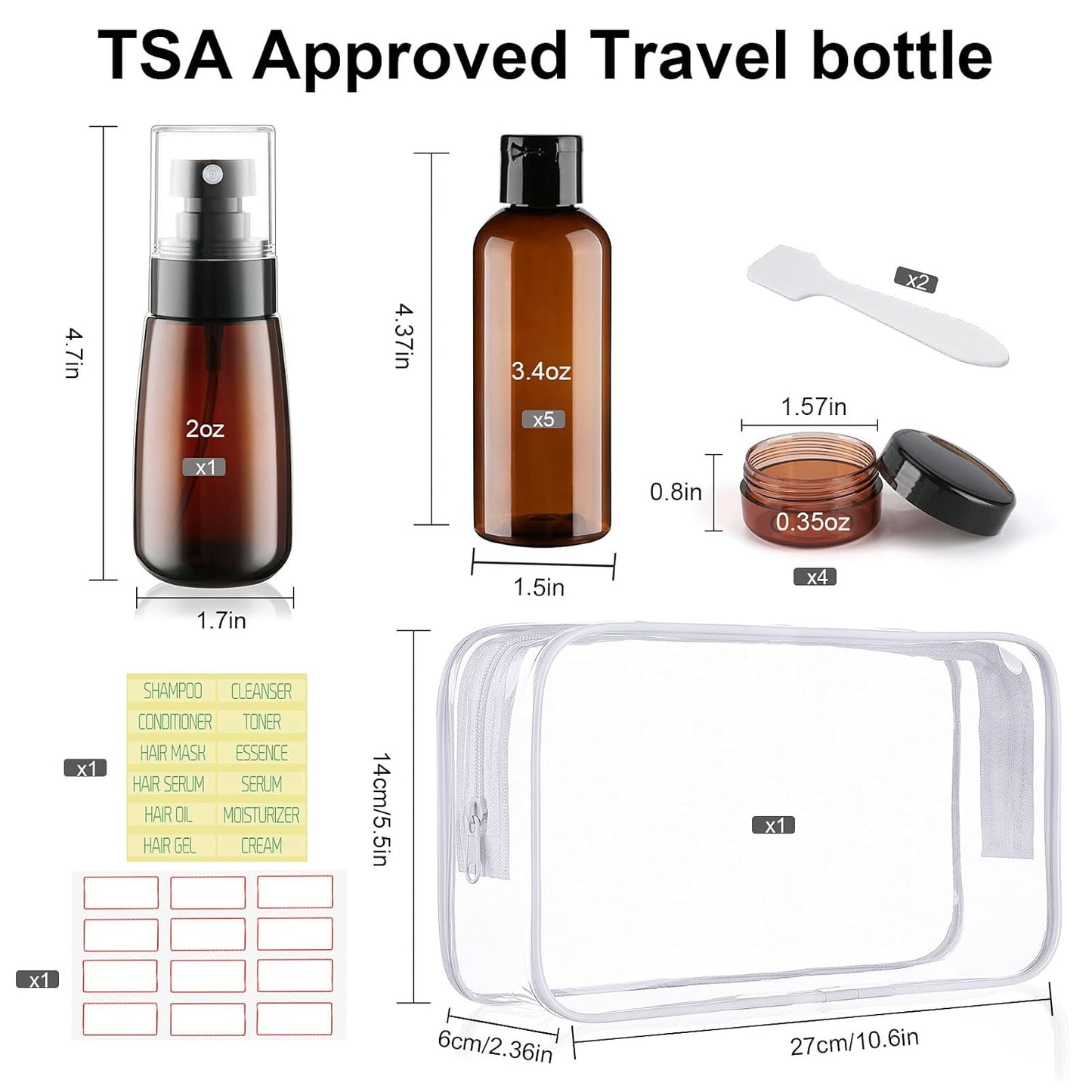 Travel Bottles for Toiletries - TSA Approved 10 Pack | Leak Proof 3.4oz Squeeze Containers - Brown
