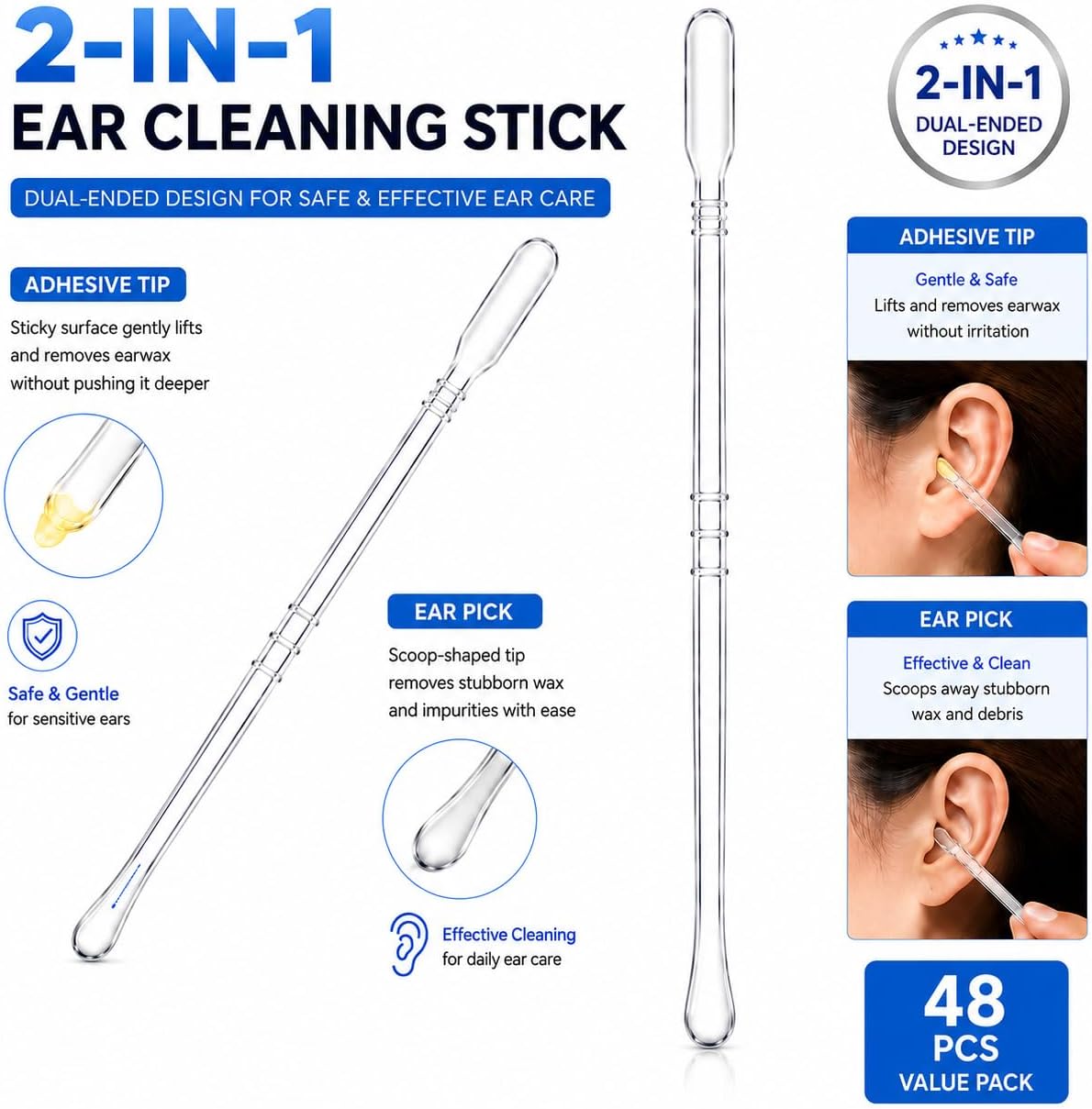 2-in-1 Sticky Ear Cleaning Stick - Gentle Dual-Ended Ear Wax Remover | Reusable Travel Tool (48 Count)