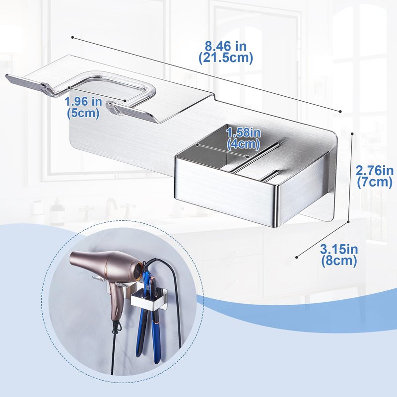 Hair Dryer Holder Wall Mounted, Hair Straightener Holder Metal, Adhesive Blow Dryer and Hair Straightener Holder, Bathroom Bedroom Hair Tool Organizer for Flat Iron,Curling Iron,Hairdryer (Sliver)
