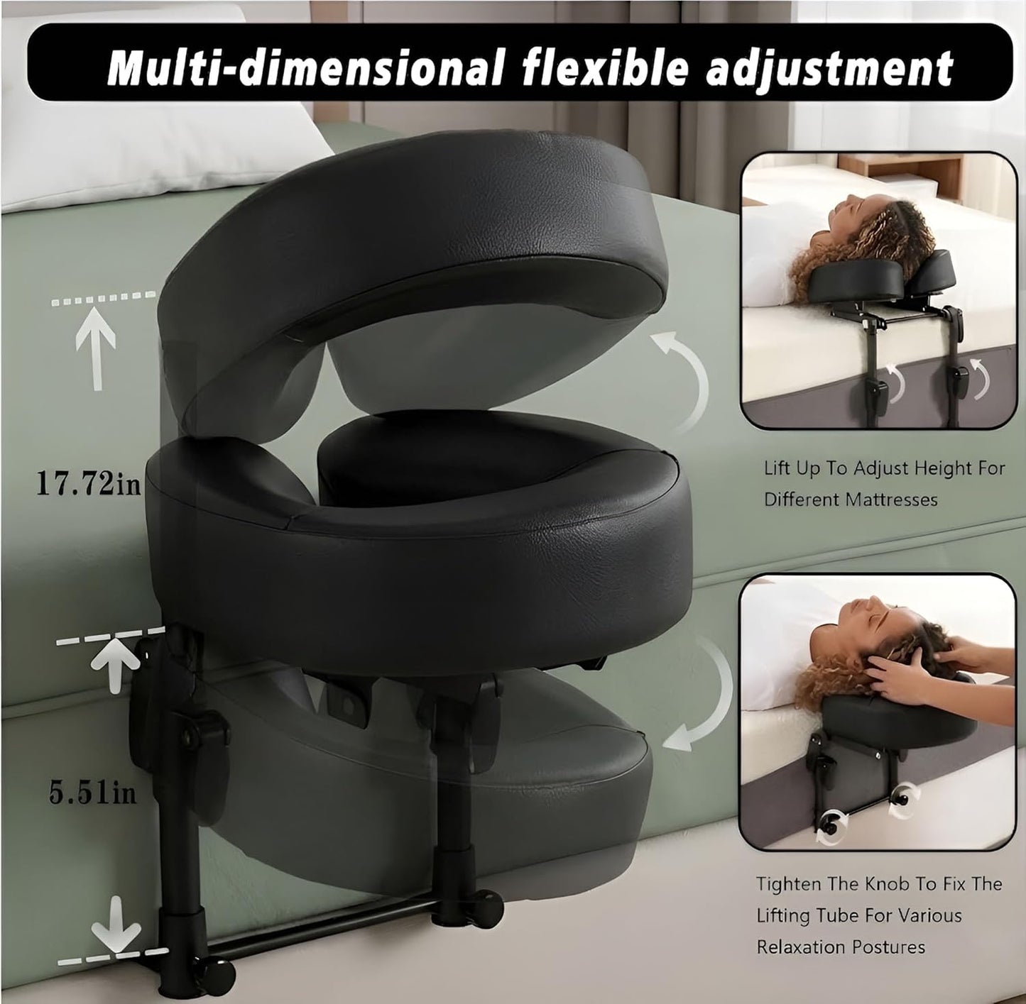 Massage Headrest for Bed - Adjustable 18" SPA Face Cradle Cushion | Home Salon Support (Black)