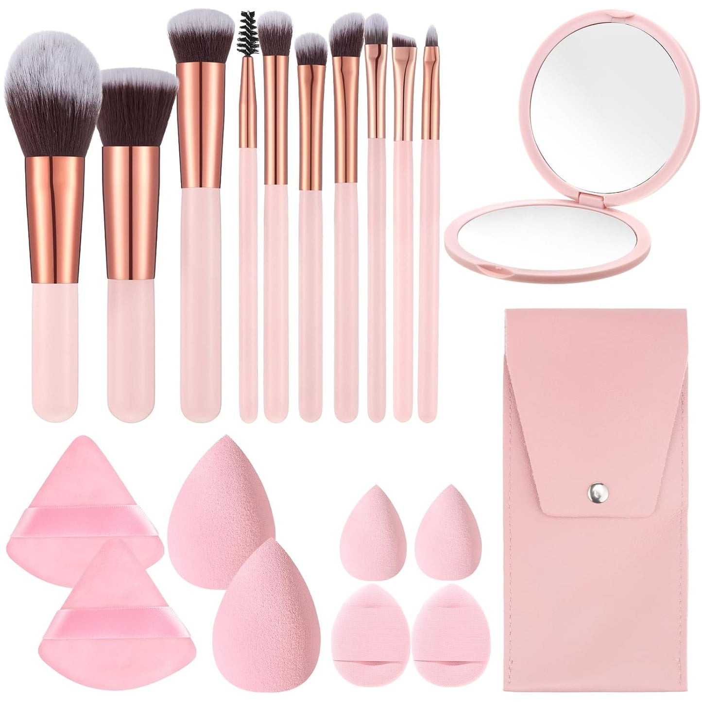 Travel Makeup Brush Set - 20PCS with Mirror, Storage Bag & 8 Makeup Sponges | Perfect for Home & On-the-Go