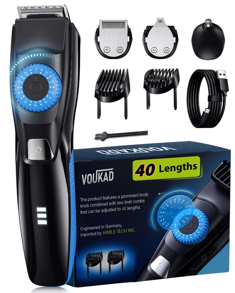 Voukad Beard Trimmer for Men, 120-Min Cordless Runtime, 0.5mm Precision Dial (40 Settings) - Constant Power Motor & IPX7 Waterproof Hair Clipper Kit with Detailer & Nose Trimmer, USB-C Quick Charge
