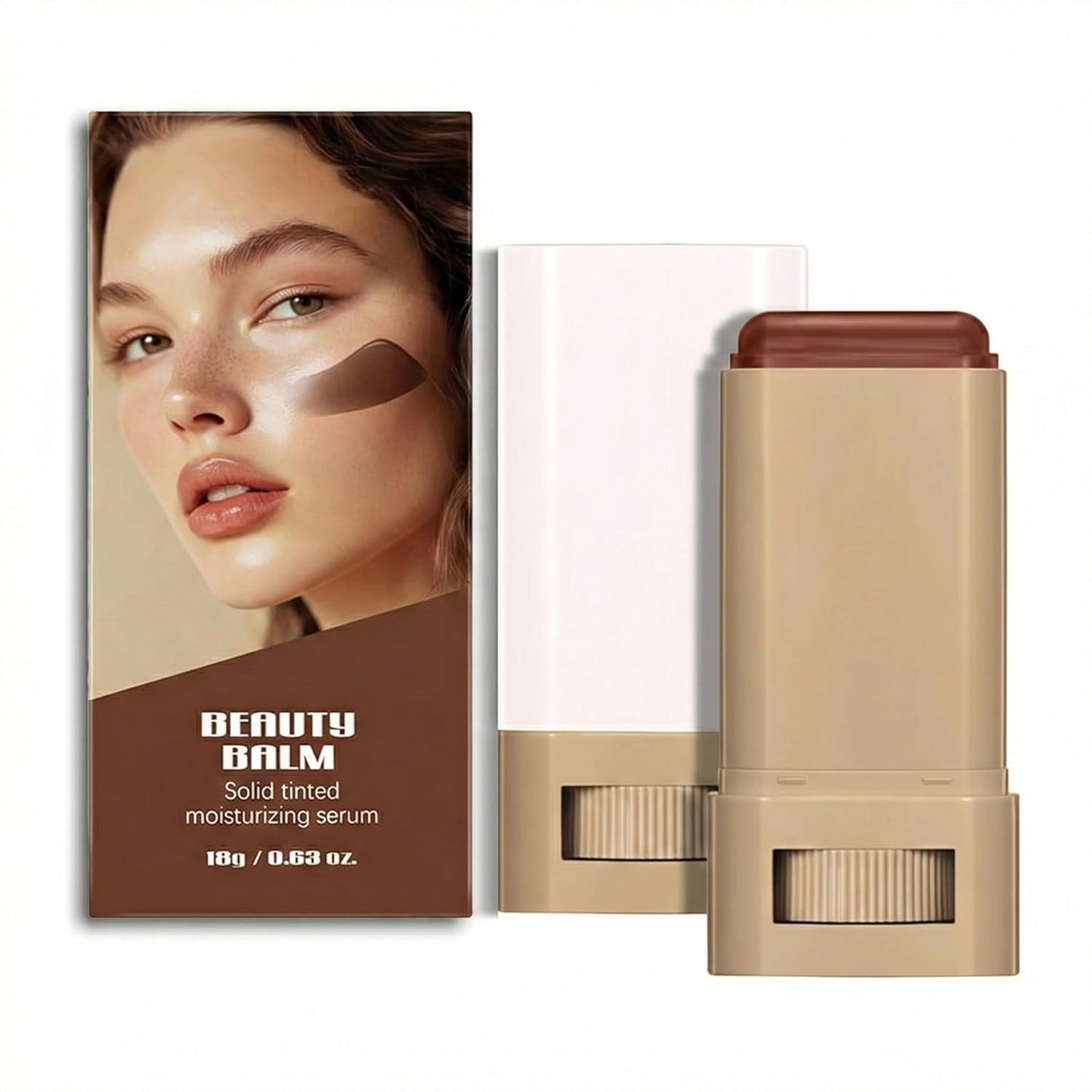 Beauty Balm Serum - Dual-Ended Eraser Foundation Stick with Brush | Full Coverage Korean Makeup in #3 Warm Beige