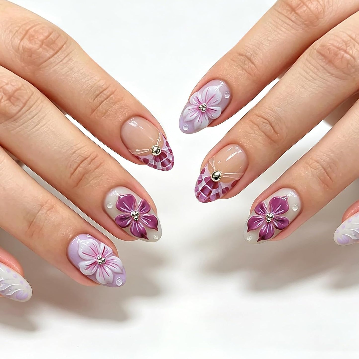Colorful Summer Press-On Nails - Medium Almond Blue Ocean & Fish Designs | 30PCS Glossy Beach Nails for Women