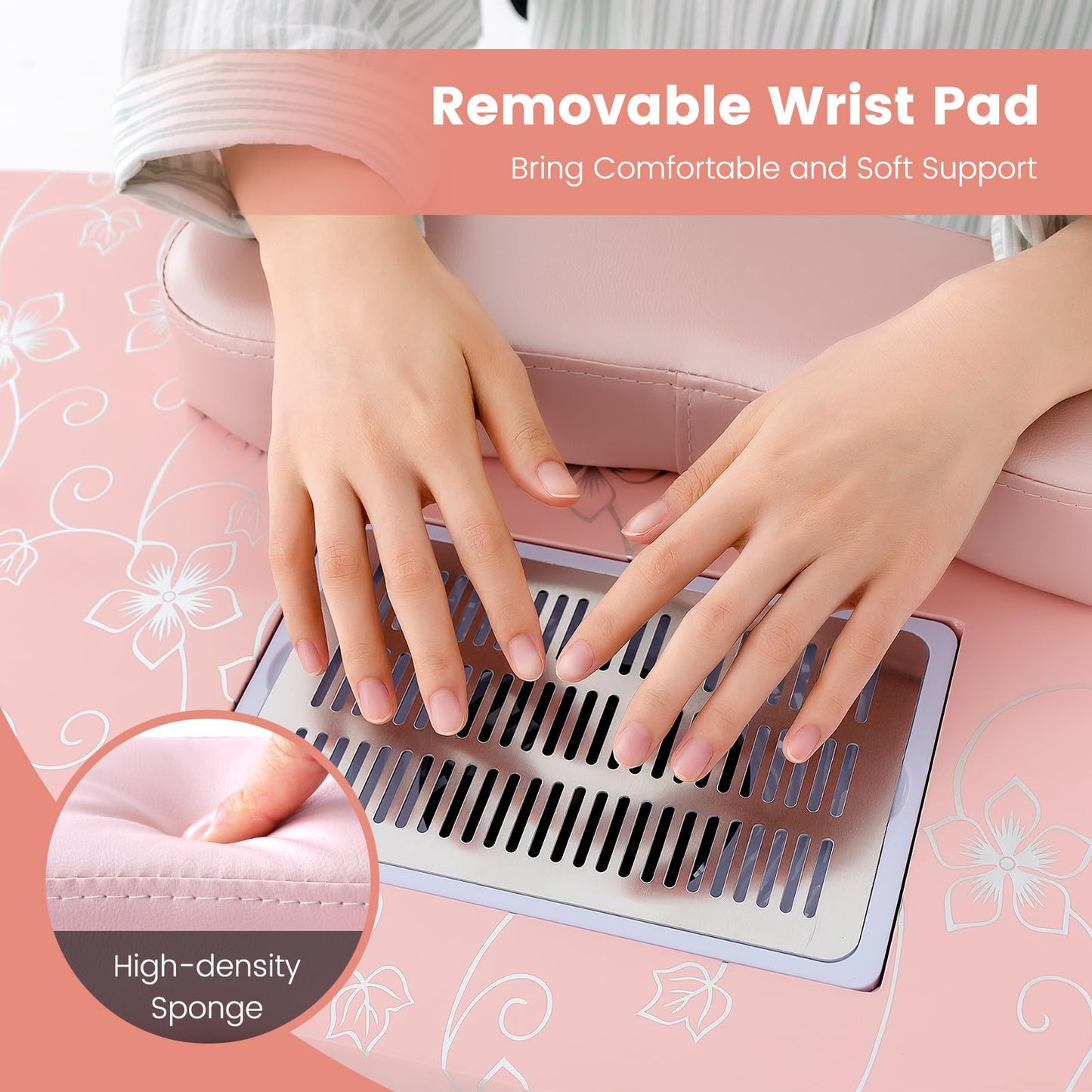 Giantex Nail Table for Nail Tech, Portable Manicure Table with Electric Dust Collector, USB-Plug LED Lamp, Wrist Rest, 4 Lockable Wheels, Foldable Nail Desk with Carry Bag (Pink)