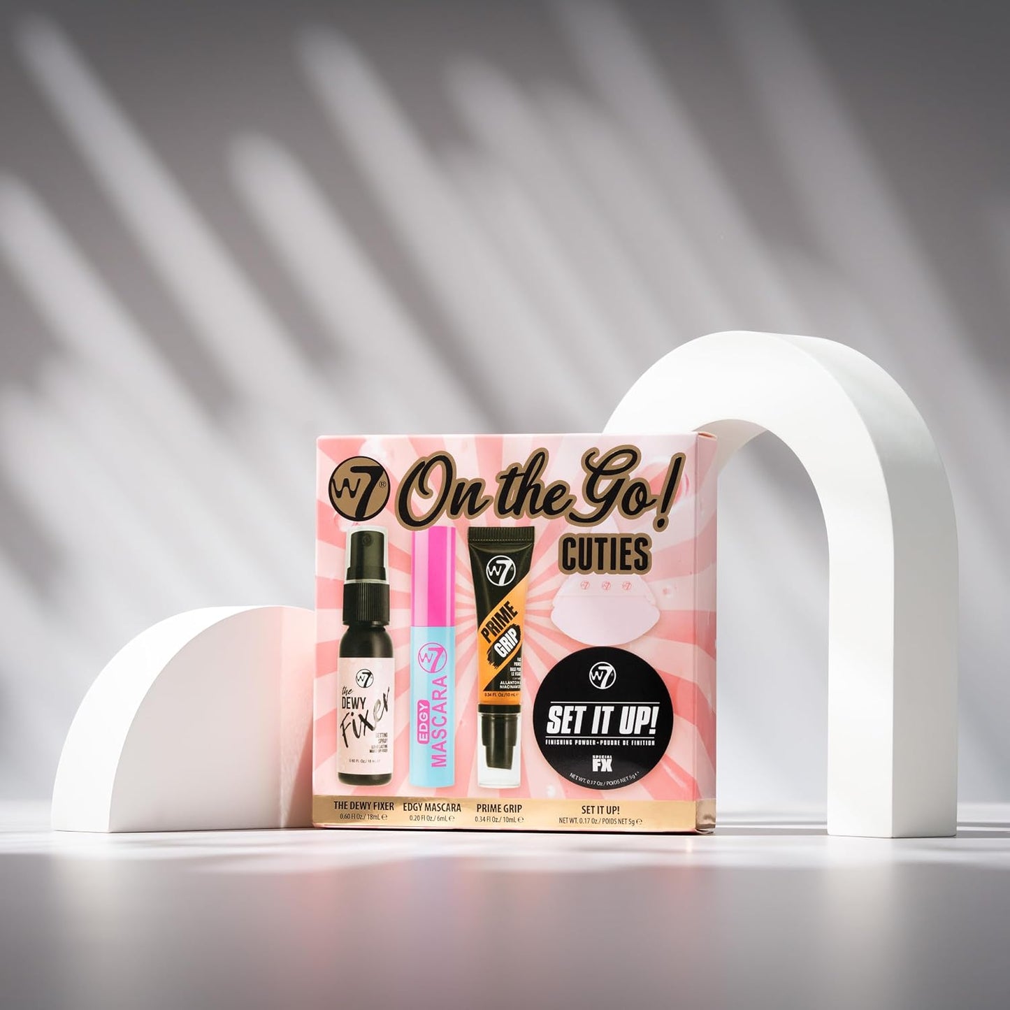 W7 On the Go Cuties Set | Mini Makeup Essentials with Primer, Mascara & Setting Spray - Travel Size Beauty Kit