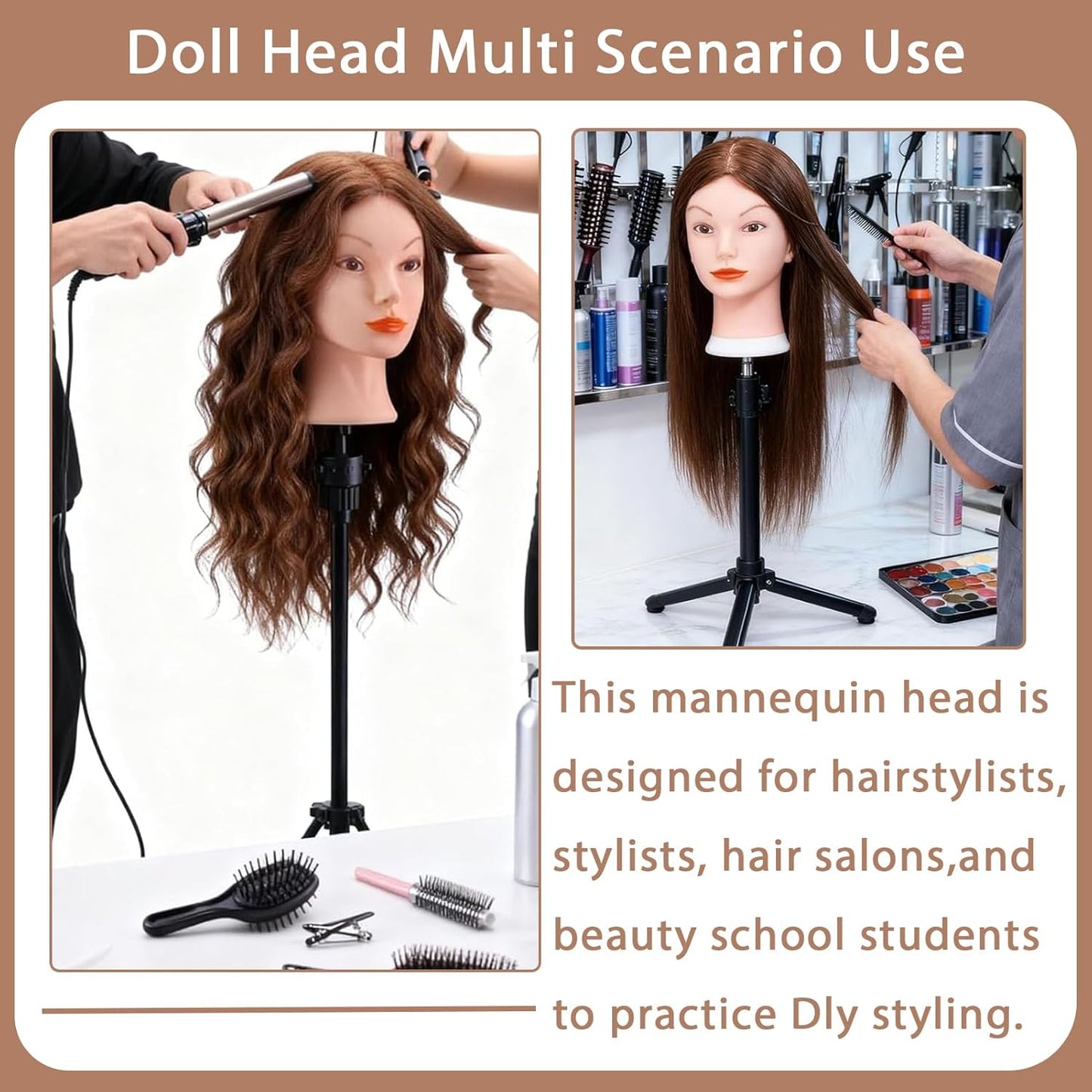 Real Hair Mannequin Head for Cosmetology | 100% Human Hair Styling Practice Doll with Clamp Holder (Dark Brown)