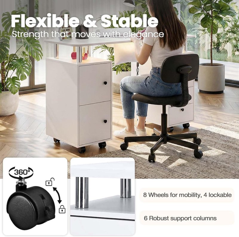 Nail Tech Table with Dust Collector & LED Light - Rolling Manicure Desk with Storage Drawers & Lockable Wheels | Acetone-Resistant Beauty Workstation (White)