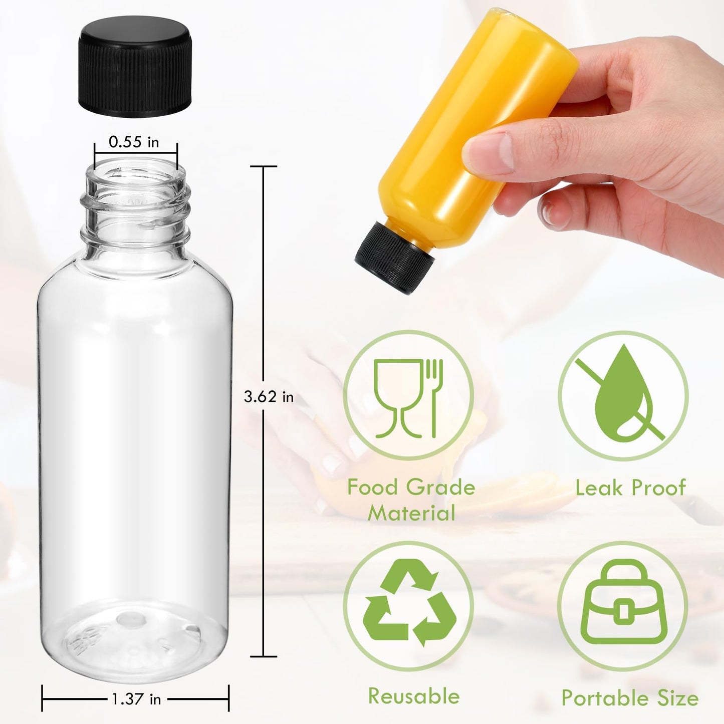 Revahope 16 Pack 2 oz Shot Bottles with Caps, Mini Reusable Plastic Ginger Shots Bottle Leakproof Juice Shot Bottles with Lids for Juice, Oil and Liquid Samples, Small Containers for DIY, Travel