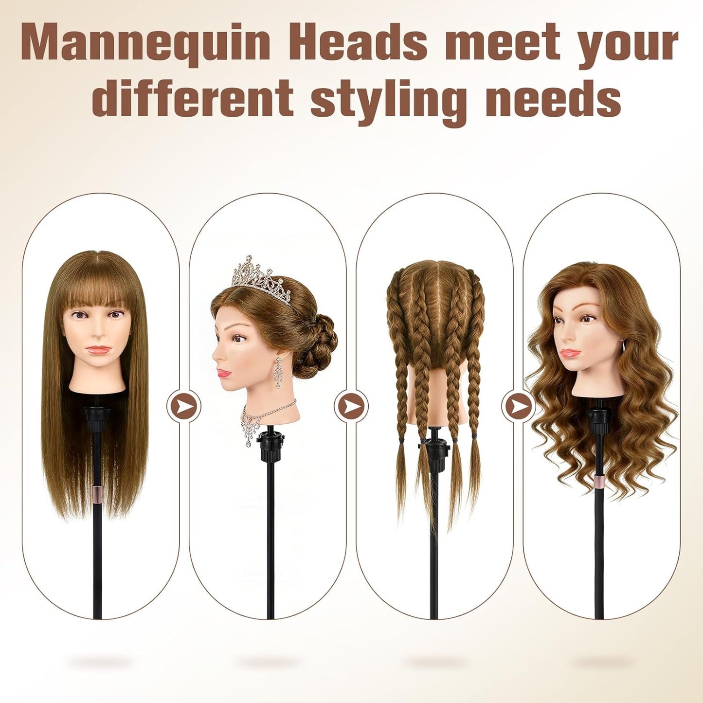 Realistic Human Hair Mannequin Head - 22" Light Brown Cosmetology Training Doll with Clamp & Styling Tools