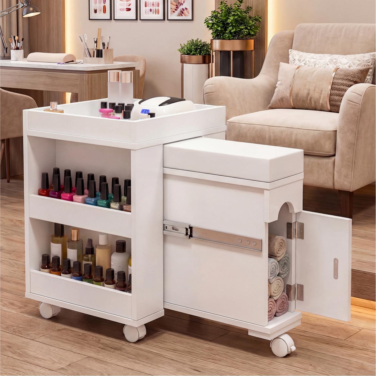 Mobile Pedicure Trolley Cart - Extendable Foot Rest, Wheels & Storage Shelves | 26.3” L for Nail Techs & Home Salons
