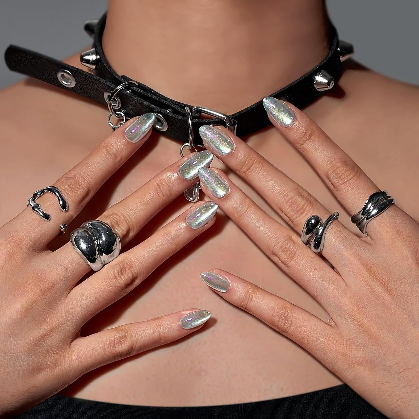 Press On Nails - Chrome Cat Eye Almond Design | 32 Piece Soft Gel Nail Kit in 16 Sizes