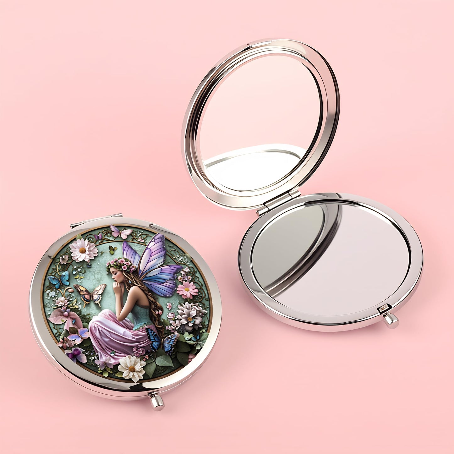 Silver Compact Mirror, 2.8x2.8inch Double-Sided Folding Makeup Mirror with Flower Fairy with Wings Design, Ideal Gift for Women