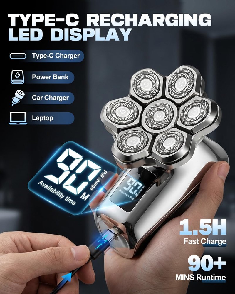 7D Floating Blades Electric Razor - Head Shavers for Bald Men | IPX7 Waterproof 5-in-1 Grooming Kit