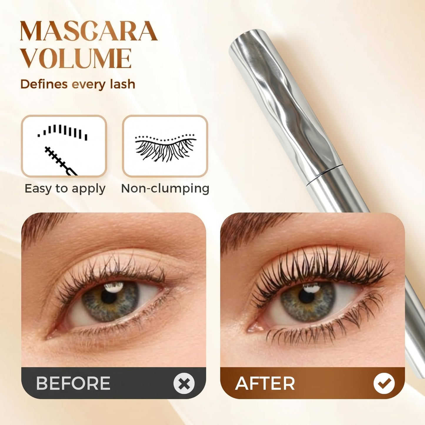 Waterproof Mascara, 2026 New Metal Wand Mascara with Waterproof Quick Drying Formula, Volumizing Lengthening and Curling for Natural 3D Lashes and Definition (Black,2PCS)