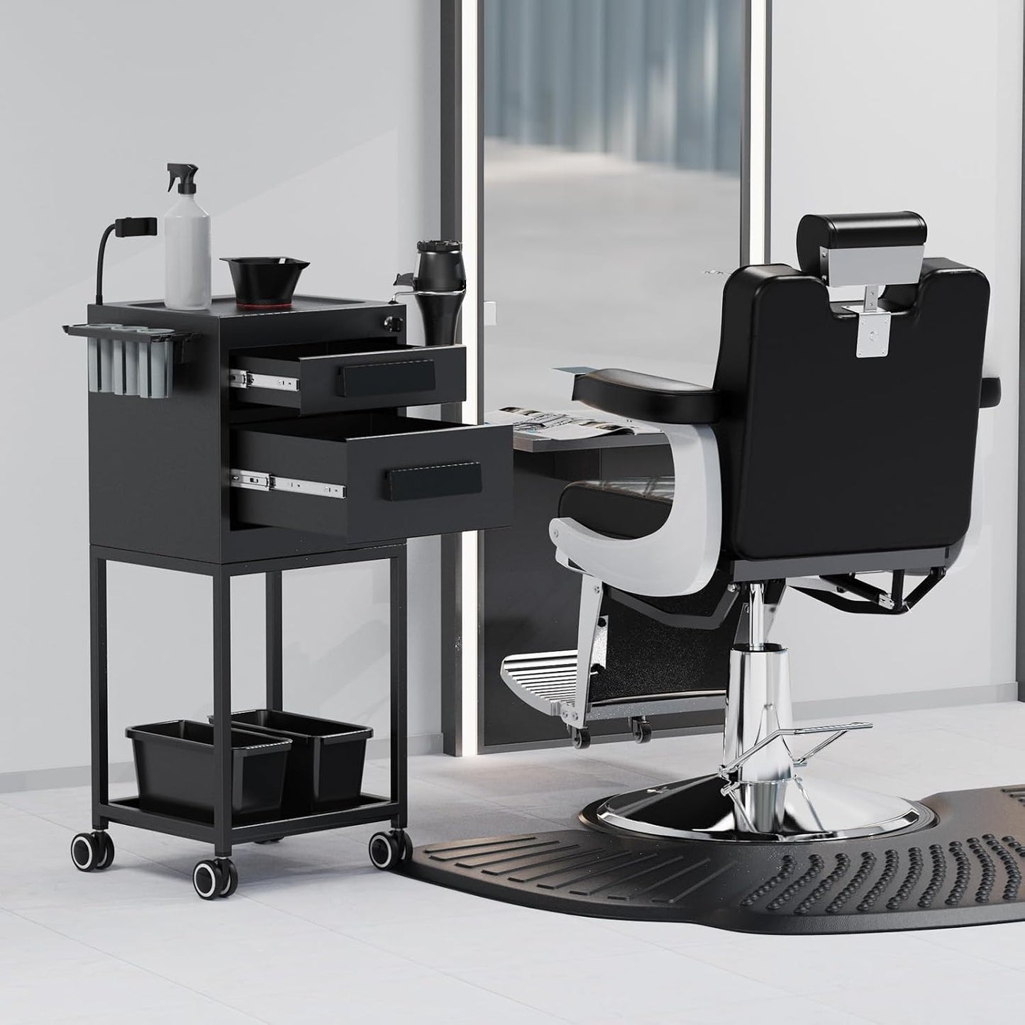 Salon Trolley Cart - Hair Stylist Station with Lockable Drawer, 2 Magnetic Color Bowls & Storage Baskets | Black Metal Design