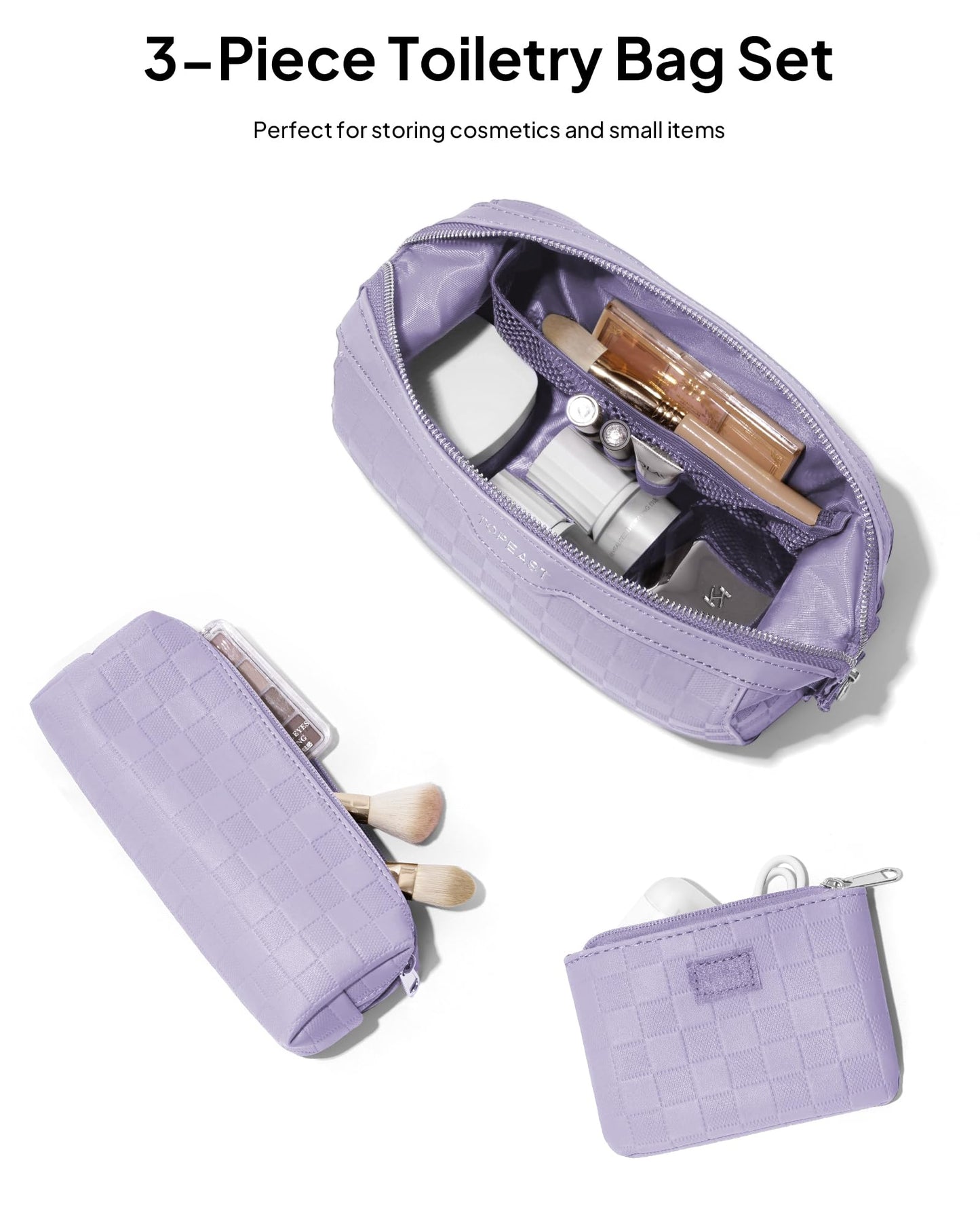 TOPEAST Travel Makeup Bag Cosmetic Bags for Women, 3 Pcs Set Make Up Toiletry Bag with Removable Zip Pouch, Waterproof Leather Makeup Brush Organizer for Travel Essentials, Purple