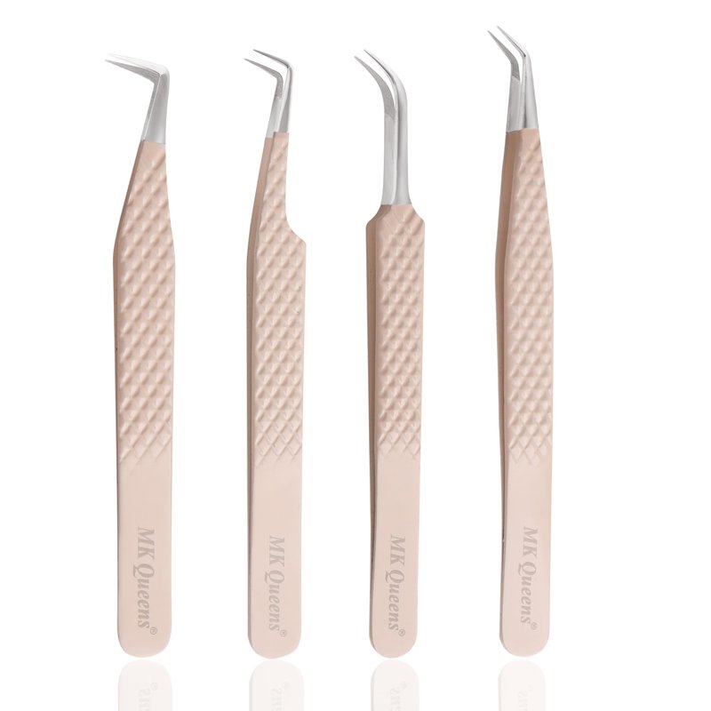Fiber Tip Lash Tweezers For Eyelash Extension Tweezers Professional Eyelash Extension Tweezer - Set of 4 Pcs Diamond Grip Stainless Steel Fiber Tweezer (4, Peach)