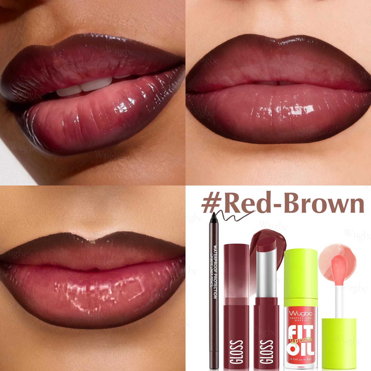 Wugbc 3PCS Lip Combo, High-Shine Lip Kit with Matte Brown Lip Liner & Red-Brown Nourishing Lipstick & Nude Glossy Lip Gloss, Long-Lasting Lightweight Non-Sticky Plumping Lip Contour Trio Set for Women